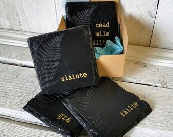 Engraved Slate Coasters, Irish & Gaelic Words, Fern Design, Housewarming Gift