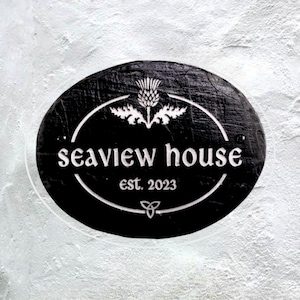 Natural Reclaimed Slate - Scottish House Number - with Scottish thistle design - oval - house name