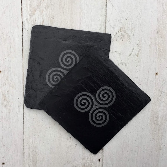 Slate Coasters Set of 2 - Irish Celtic triple spiral or triskele - natural slate stone coaster - irish art - handmade coasters - celtic knot