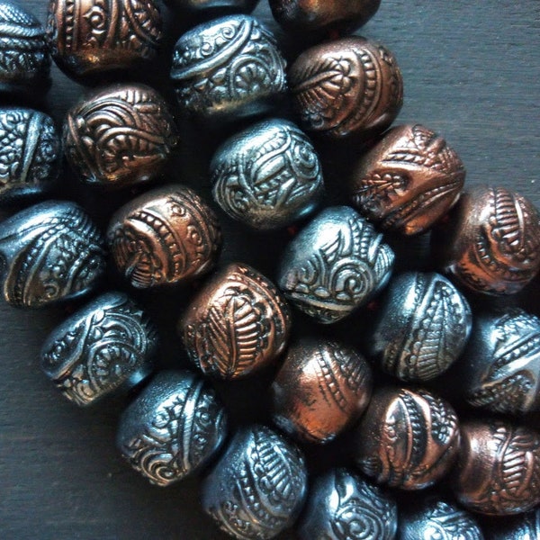 Polymer clay beads 6 pcs, hand sculpted metal imitation, lightweight 14 mm unique accessory components. Grunge jewelry craft supplies.