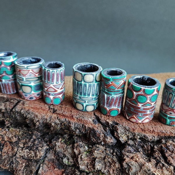 Mosaic Dreadlock Ring Set, Polymer Clay,  8 and 12 mm hole. Handmade Boho Chic Hair Jewelry. Grunge Aesthetic.