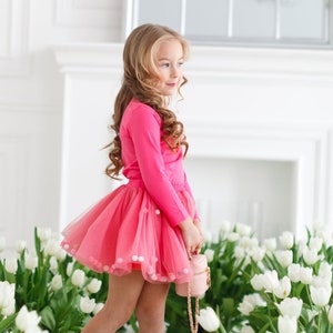 Bright Pink Pom pom tutu and shirt, Longsleeve and Skirt for Girls, Elegant Spring Outfit for baby, Cotton Girls Clothes, 2pcs Toddler set