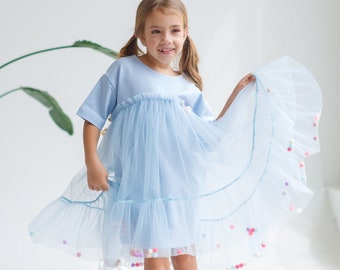 Dress for girl, Pastel blue High Waisted Tulle Skirt,Toddler pageant Dress, Pom pom elegant christening outfit, ball gown for ring bearer