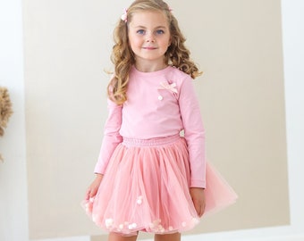 Pom pom tulle skirt and top, Cotton Longsleeve and tutu skirt set, Pink Birthday Outfit, stylish girls clothes, Toddler Twirl Fluffy attire