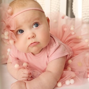 Newborn pom pom tutu, Babyshower gift for girl, pink tulle skirt, headband, Cute Infant First photoshoot Props cake smash set, gender reveal