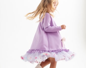 Purple Cotton dress for girl, Pom pom Birthday dress,Baby girls twirl violet party, Soft Longsleeve Holiday Dress, little girl spring outfit