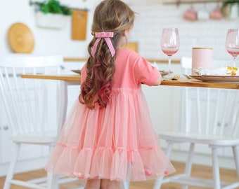 Fluffy pom pom Tulle Skirt, Peach Ball gown for little girl, coral baby girl dress, Twirly Toddler fairy Dress, elegant christening outfit