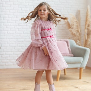 Dusty Pink Baby Girl Tulle Dress, Glitter Mesh Long Sleeve