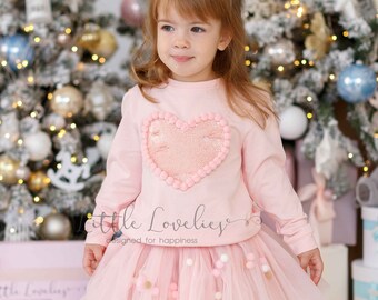 Pink cute soft sweater for girls, cotton heart sequins sweatshirt for toddler, holiday girl Jumper, Birthday Outfit, gift box for baby girl