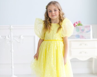 Girls pink party dress, Peach hearts girl dress, tulle girl dress, Toddler Tutu Dress, Puffed Sleeves Dress, Ukraine seller, Toddler Dress