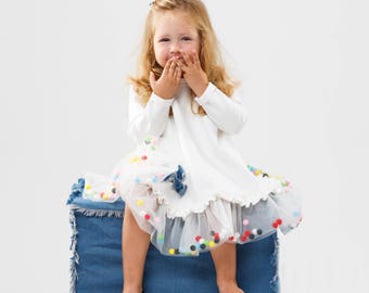 White dress girls, tutu dress toddler, baby girl dress with long sleeves, tutu dress for toddler girl, white cotton dress with tulle