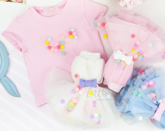 1st pom pom birthday tshirt and skirt, white birthday outfit, blue Shirt and Tutu Set,Custom Girls Tutu, Birthday party Outfit, Short sleeve