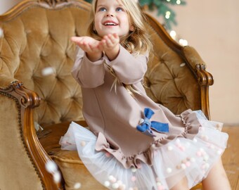 Beige dress for girls, toddler girl dress, infant girl dress with long sleeves, mommy and me dress, cotton dress with tulle, tutu dress girl