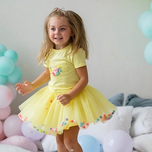 Pom pom Skirt, Yellow Tutu Set, Soft Tulle dance Skirt, Sunflower T-Shirt and Skirt, First Birthday, cake smash outfit, infant girl clothes image 1