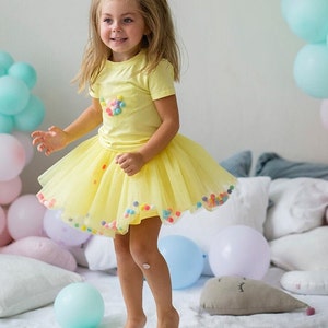 Pom pom Skirt, Yellow Tutu Set, Soft Tulle dance Skirt, Sunflower T-Shirt and Skirt, First Birthday, cake smash outfit, infant girl clothes image 4