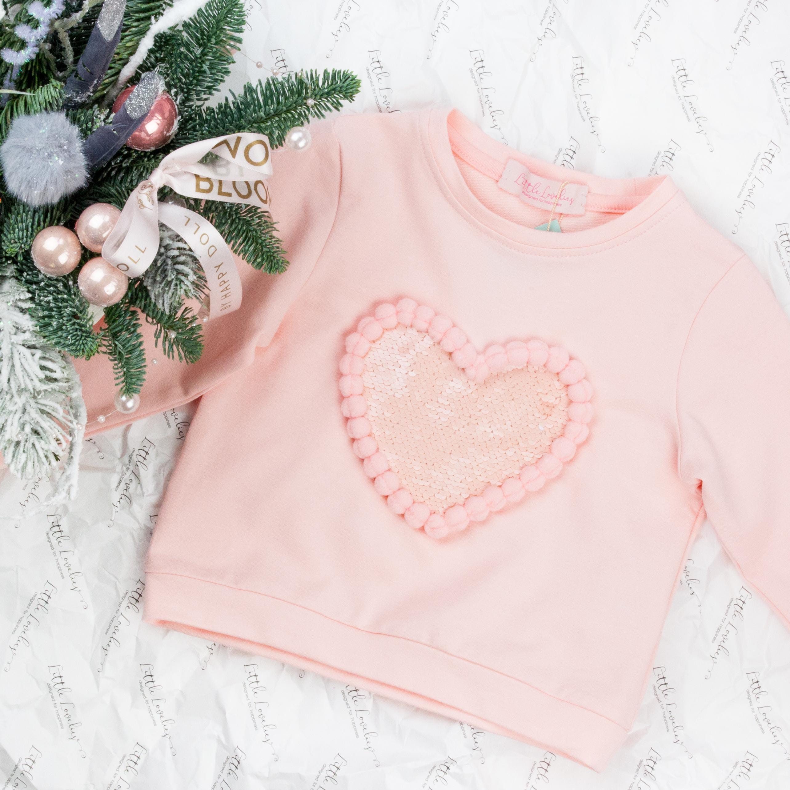 Pink Cute Soft Sweater for Girls, Cotton Heart Sequins