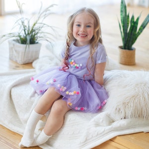 Pom pom T-ShirtTutu Set, Baby girl tutu dress, Purple Birthday outfit, Hawaii Party violet costume, Little Mermaid,fun cotton short sleeve image 1