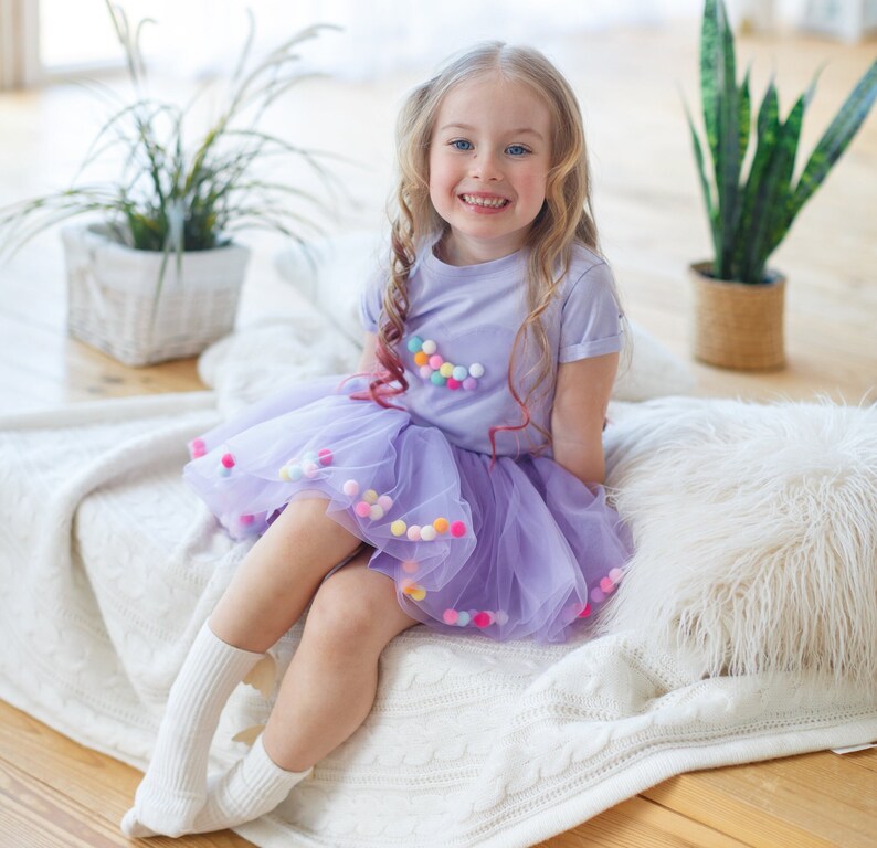 Pom pom T-ShirtTutu Set, Baby girl tutu dress, Purple Birthday outfit, Hawaii Party violet costume, Little Mermaid,fun cotton short sleeve image 1