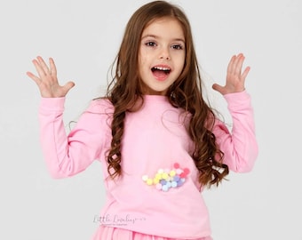 Pink Pompom Sweater Toddler Girl, Cute Pom Pom Cotton Sweatshirt, Baby Girl Longsleeve Top, Fun Tween Girl Outfit, Kids Pullover