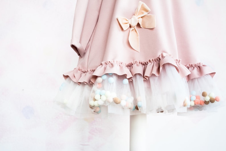 Dusty rose child dress Tutu girl dress Pom Pom Dress Blush pink Pom Pom Blush flower girl dress Toddler Dress Ivory Flower girl