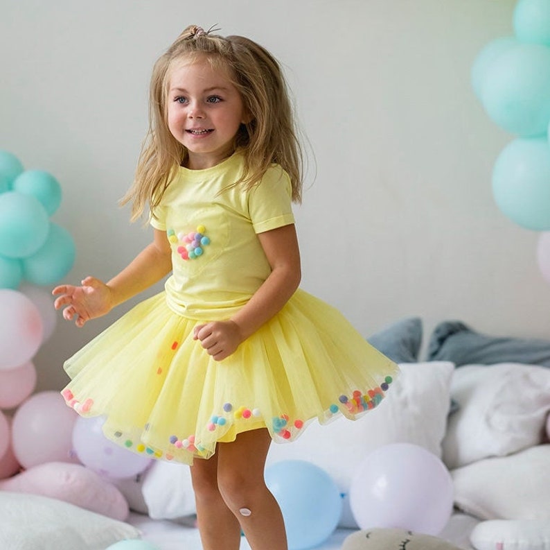 Pom pom Skirt, Yellow Tutu Set, Soft Tulle dance Skirt, Sunflower T-Shirt and Skirt, First Birthday, cake smash outfit, infant girl clothes image 1