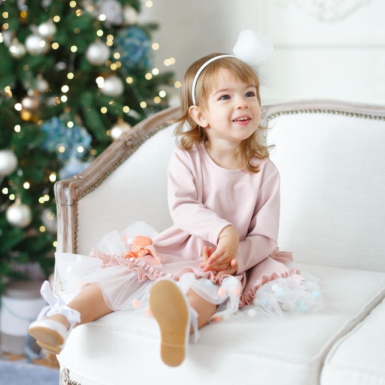 Dusty rose child dress Tutu girl dress Pom Pom Dress Blush pink Pom Pom Blush flower girl dress Toddler Dress Ivory Flower girl