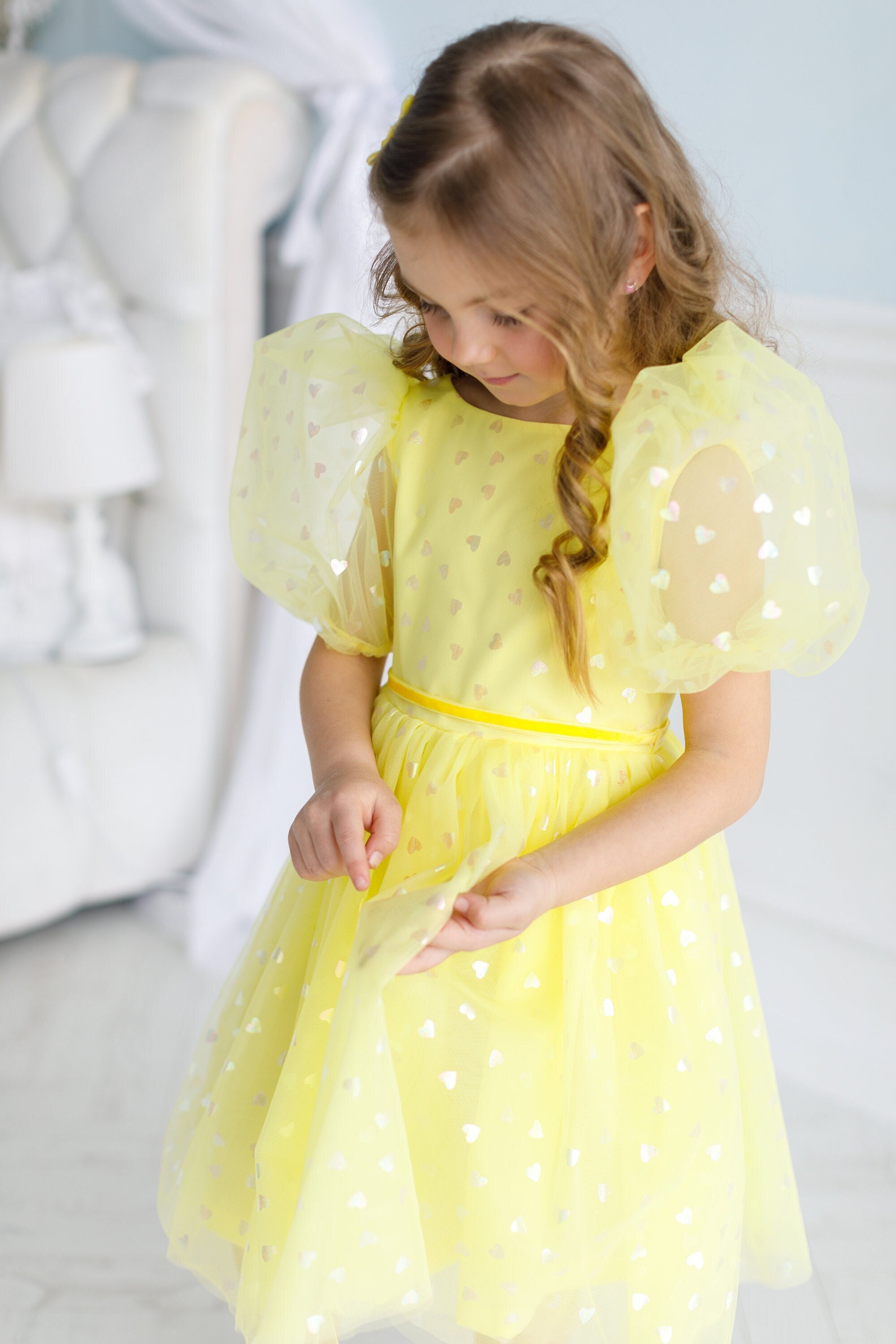 Pastel Yellow Puff Sleeve Floral Lace Daisy Dress – Starlight Fair