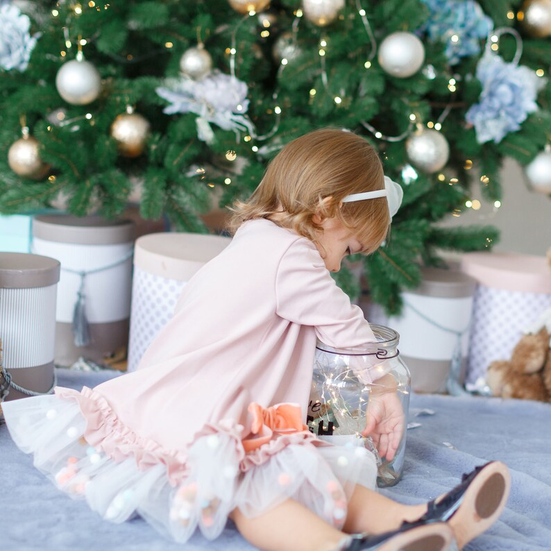 Dusty rose child dress Tutu girl dress Pom Pom Dress Blush pink Pom Pom Blush flower girl dress Toddler Dress Ivory Flower girl