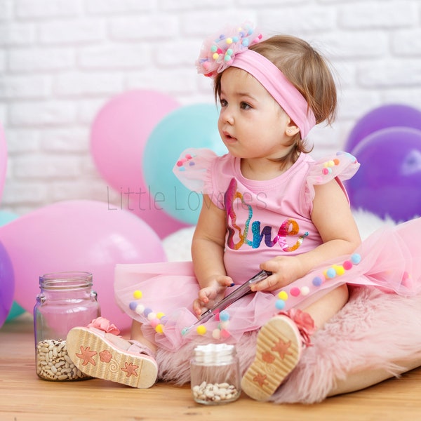 Baby girl's First birthday outfit, Onederland Pink Pompom tutu and top, Candyland clothing set, Tulle skirt and T-Shirt,Bright Toddler party