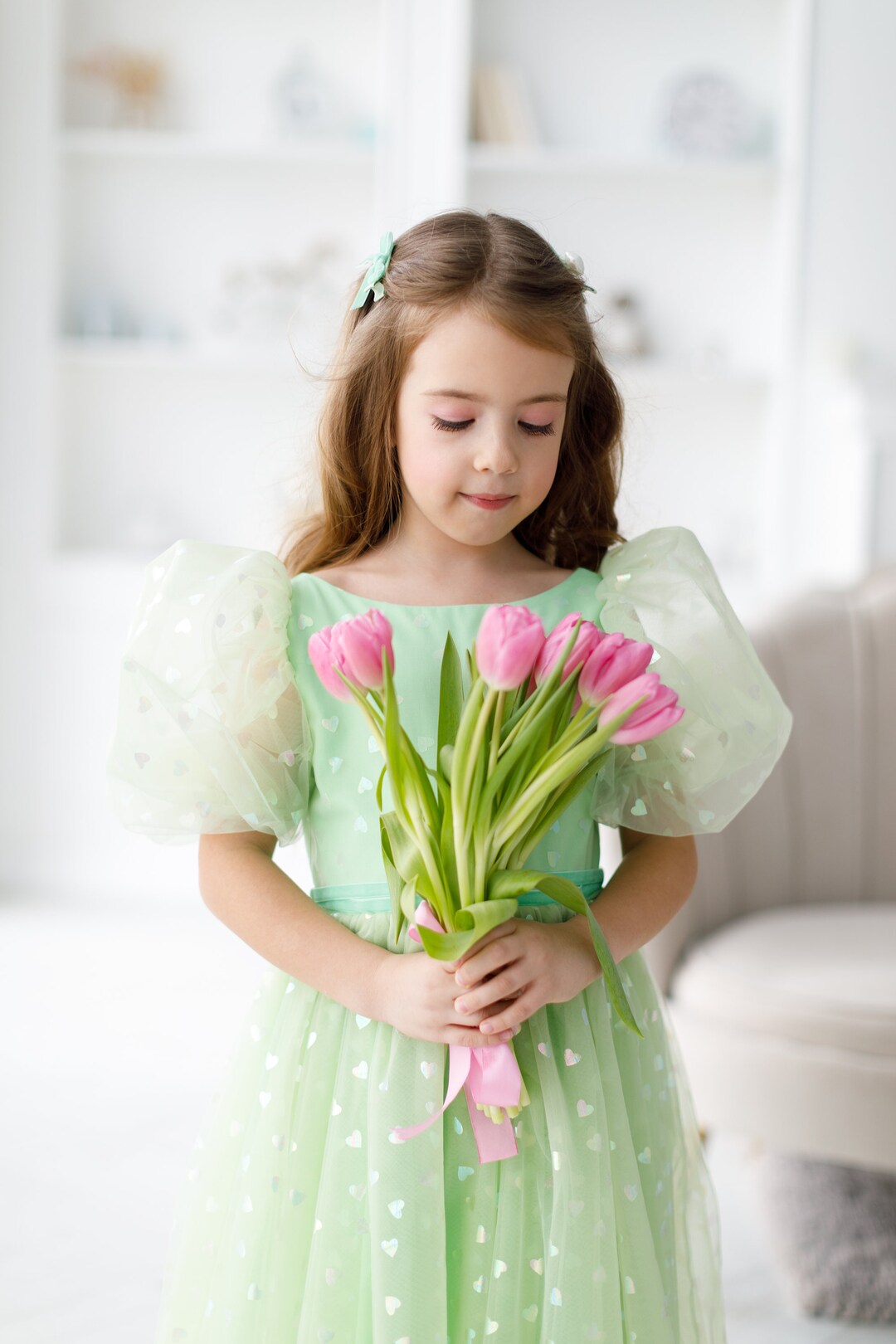 bouquet of fun dress green Light Tulle Dress: Romantic Puffed Sleeve Party Outfit Shell