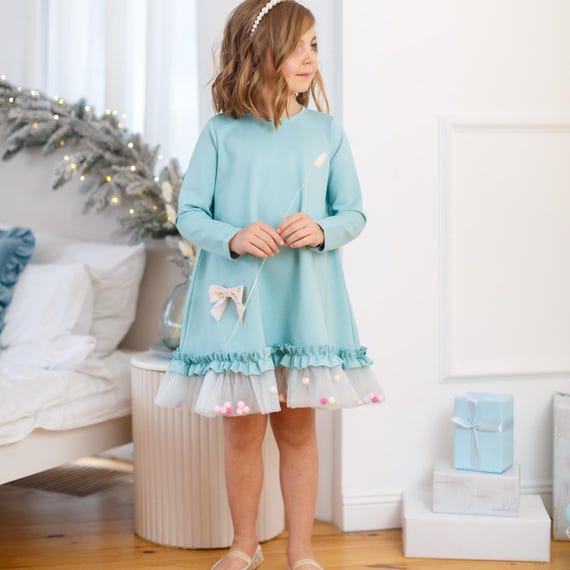 Pastel pom pom dress for girl long sleeves, removable brooch, flare Cotton Baby girls party dress, little girl holiday, present for toddler Pastel pom pom dress for girl long sleeves, removable brooch, flare Cotton Baby girls party dress, little girl holiday, present for toddler
