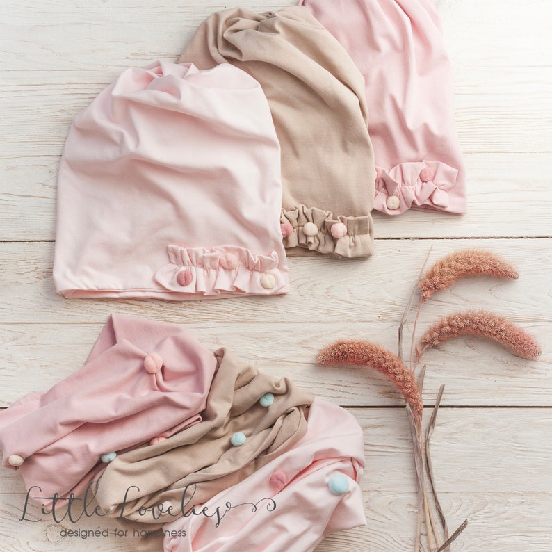 Hat with pom poms for kids,rose gold autumn hat toddler,pink hat ruffles baby girl Beige beanie and scarf set Cotton Hat and Snood Set