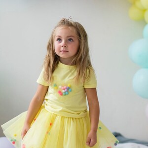 Pom pom Skirt, Yellow Tutu Set, Soft Tulle dance Skirt, Sunflower T-Shirt and Skirt, First Birthday, cake smash outfit, infant girl clothes image 3