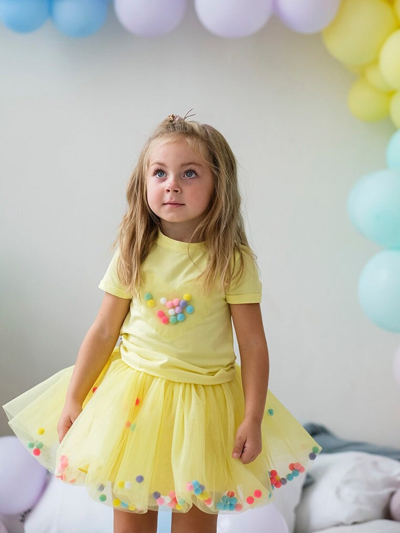 Pom pom Skirt, Yellow Tutu Set, Soft Tulle dance Skirt, Sunflower T-Shirt and Skirt, First Birthday, cake smash outfit, infant girl clothes image 3