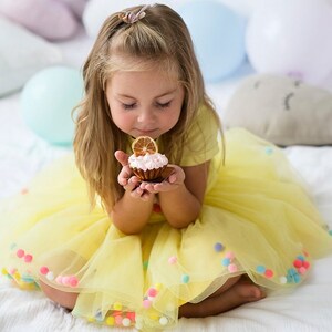 Pom pom Skirt, Yellow Tutu Set, Soft Tulle dance Skirt, Sunflower T-Shirt and Skirt, First Birthday, cake smash outfit, infant girl clothes image 2