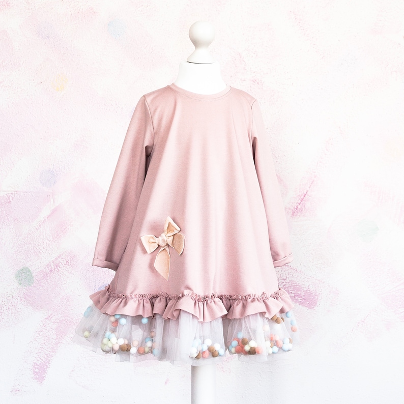 Dusty rose child dress Tutu girl dress Pom Pom Dress Blush pink Pom Pom Blush flower girl dress Toddler Dress Ivory Flower girl