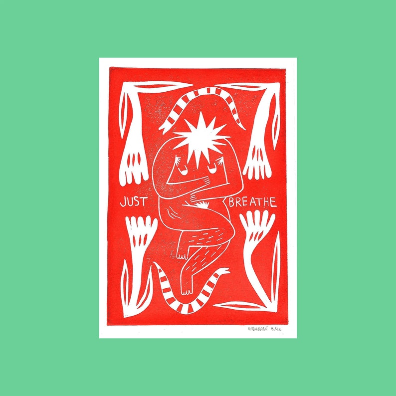 Original Block Print Just Breathe