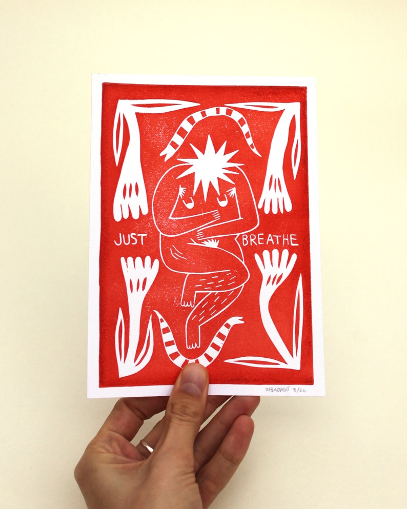 Original Block Print Just Breathe