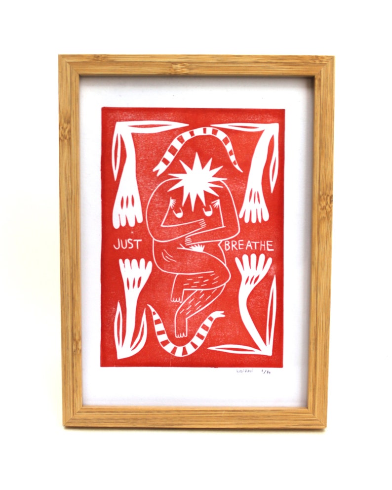 Original Block Print Just Breathe