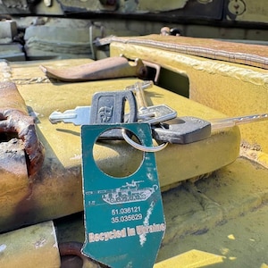 Ukraine Keychain &quot;Imprint&quot;,Handcrafted Keychain from piece of rusian tank, Recycled in Ukraine , Trench Art Memorabilia Keychain
