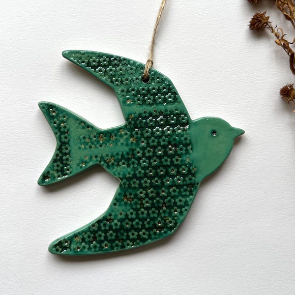 Ceramic Bird Wall Hanging Hand Stamped Imprinted Ceramic Bird Jade Green Glaze Wall Hanging, Ceramic Wall Art Decor, Mod Ceramics
