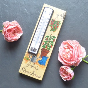 Personalized Wooden Garden Thermometer: Hand-Painted Greenhouse Sign