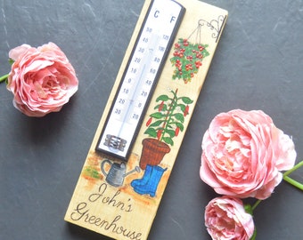 Personalized Wooden Garden Thermometer: Hand-Painted Greenhouse Sign