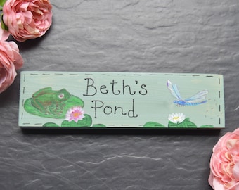 Personalised Wooden Handpainted Pond Sign | Lake | Wildlife | Garden | Allotment | Plaque | Frog | Dragonfly | Gift | Gardeners Gift