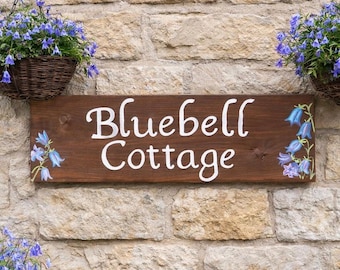 Personalised Bluebell Cottage Sign: Rustic Hand-Painted Wooden Address Plaque