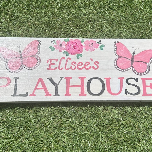 Personalised Playhouse Sign, Wooden Wendy House Plaque, Child Garden, Flower & Butterfly, Hand Painted, Fairy Garden Sign