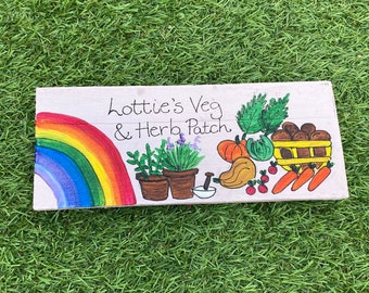 Personalised Rainbow & Vegetable Garden Plaque, Wooden Handpainted Sign, Garden, Allotment, Pink, Shed, Lockdown Project, Allotment, Herbs