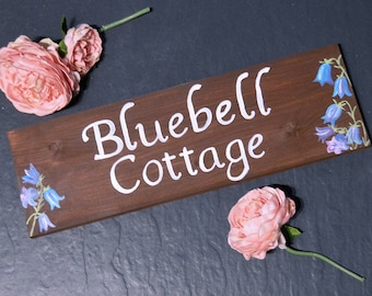 Exterior House Name Sign, Personalised Wooden Bluebells House Name Sign, Flower, Cottage Name, Address Plaque, Garden Decor, Wall Sign