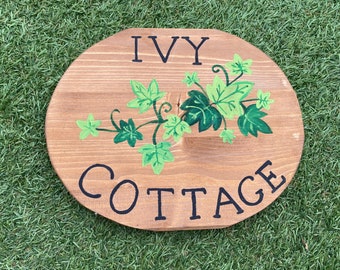 Hand Painted Ivy Wooden House Sign: Personalised Cottage Name Plaque