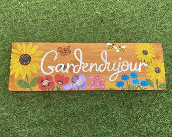 Hand Painted Flower Garden Sign: Personalised Cottage Plaque
